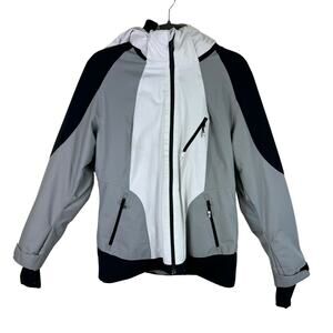 Spyder White Black Gray Hooded Full Zip Ski Jacket Zippered Pockets Size M